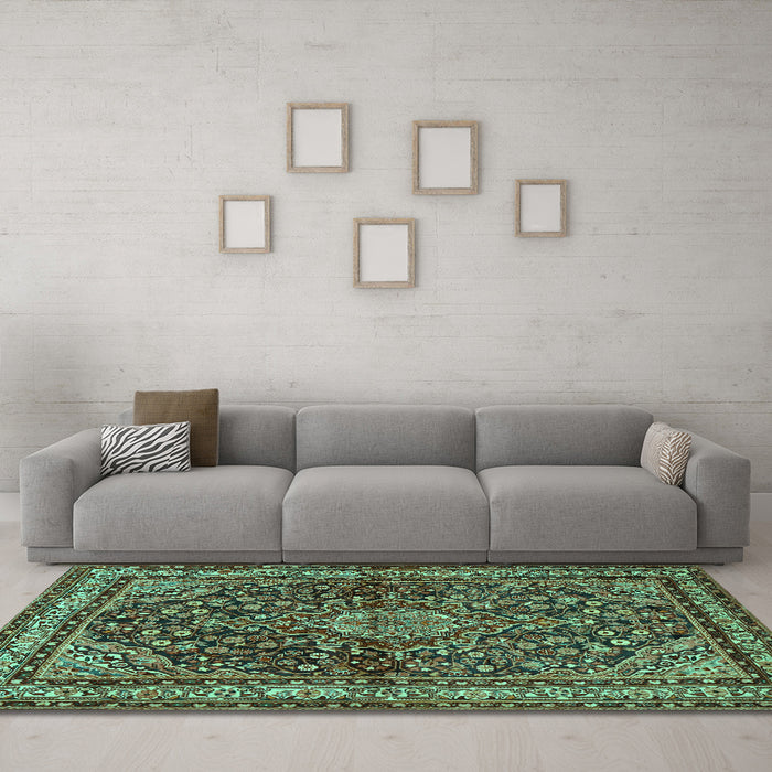 Machine Washable Persian Turquoise Traditional Area Rugs in a Living Room,, wshtr2022turq