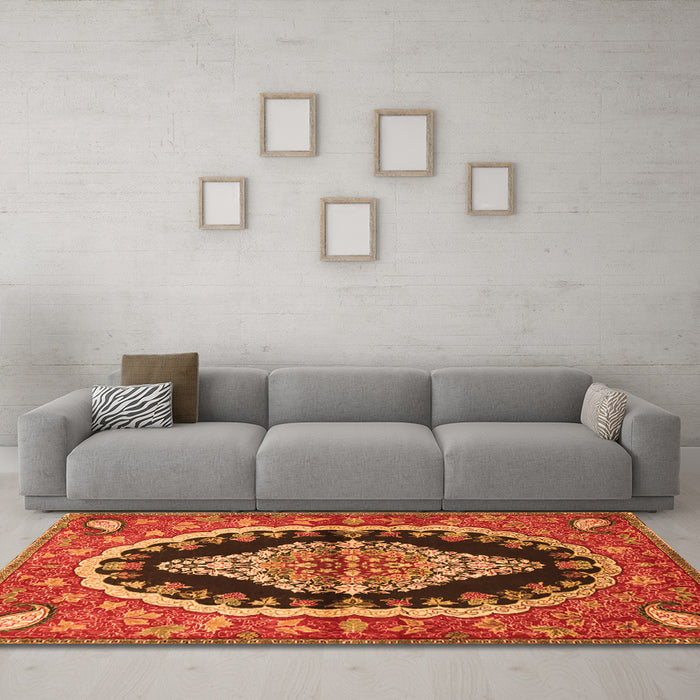 Machine Washable Medallion Orange Traditional Area Rugs in a Living Room, wshtr2023org