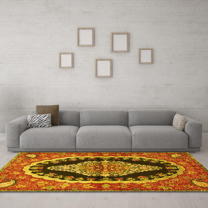 Machine Washable Medallion Yellow Traditional Rug in a Living Room, wshtr2023yw
