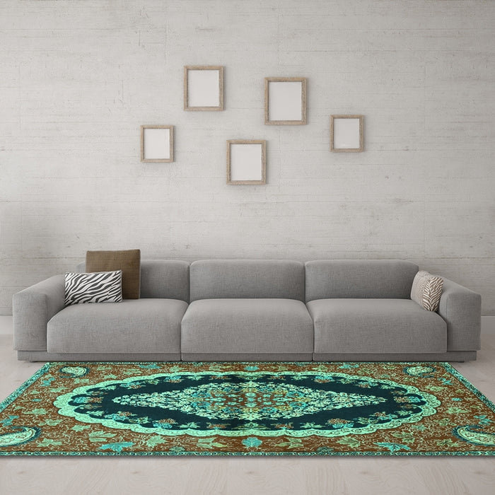 Machine Washable Medallion Turquoise Traditional Area Rugs in a Living Room,, wshtr2023turq