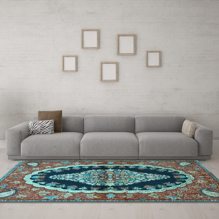Machine Washable Medallion Light Blue Traditional Rug in a Living Room, wshtr2023lblu