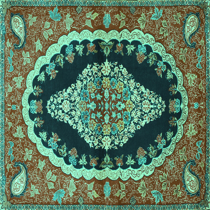 Square Machine Washable Medallion Turquoise Traditional Area Rugs, wshtr2023turq