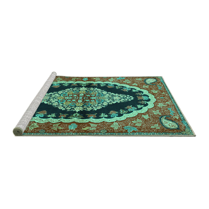 Sideview of Machine Washable Medallion Turquoise Traditional Area Rugs, wshtr2023turq
