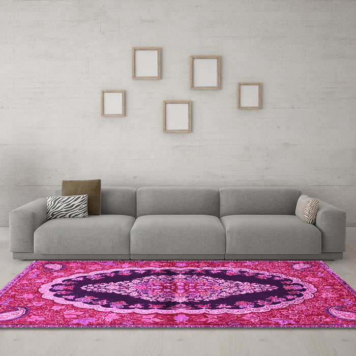 Machine Washable Medallion Pink Traditional Rug in a Living Room, wshtr2023pnk
