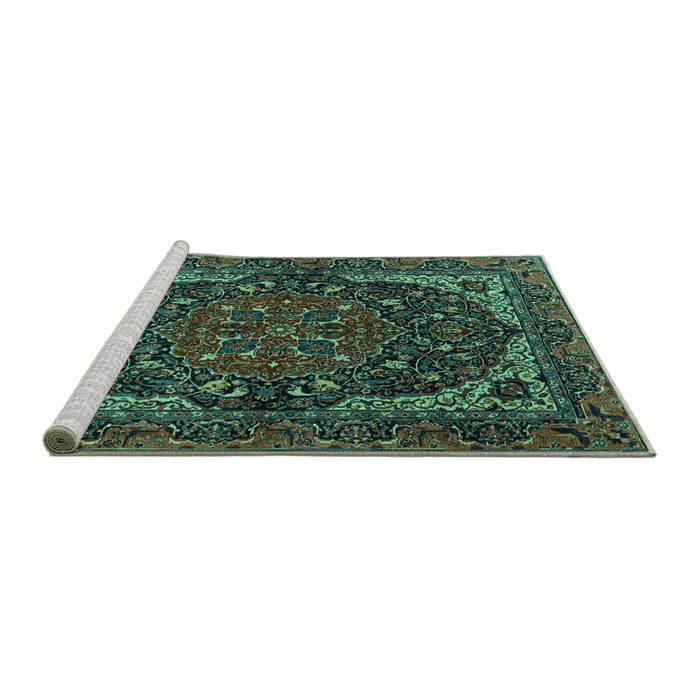 Sideview of Machine Washable Persian Turquoise Traditional Area Rugs, wshtr2024turq
