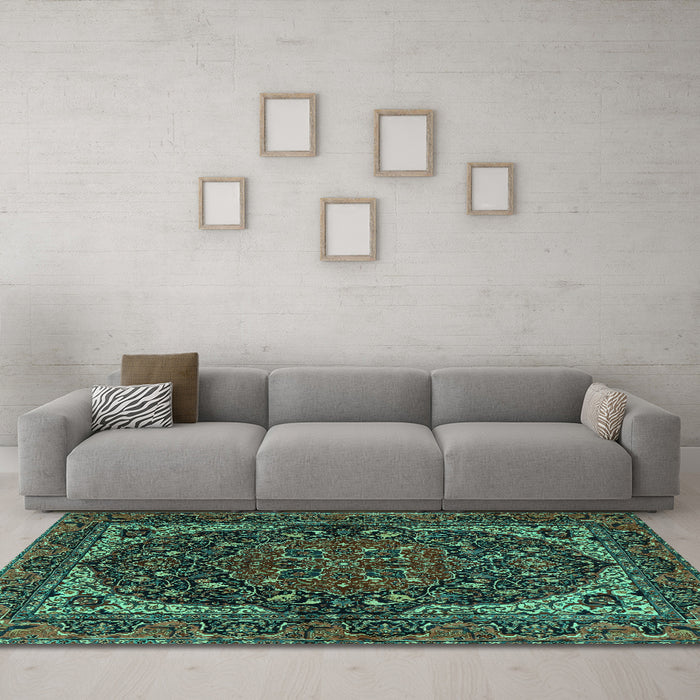 Machine Washable Persian Turquoise Traditional Area Rugs in a Living Room,, wshtr2024turq