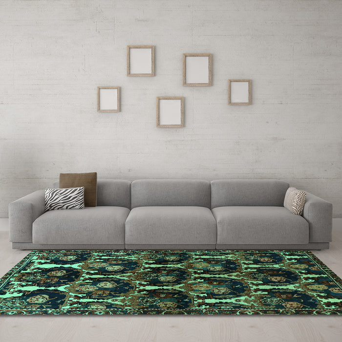 Machine Washable Persian Turquoise Traditional Area Rugs in a Living Room,, wshtr2025turq