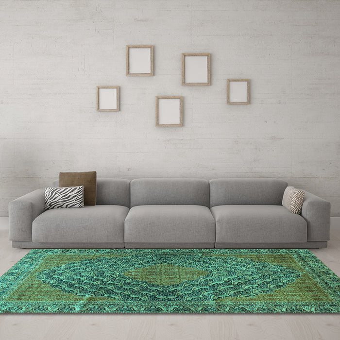 Machine Washable Persian Turquoise Traditional Area Rugs in a Living Room,, wshtr2026turq