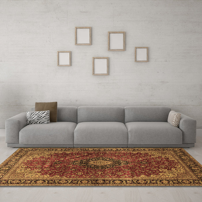 Machine Washable Medallion Brown Traditional Rug in a Living Room,, wshtr2028brn