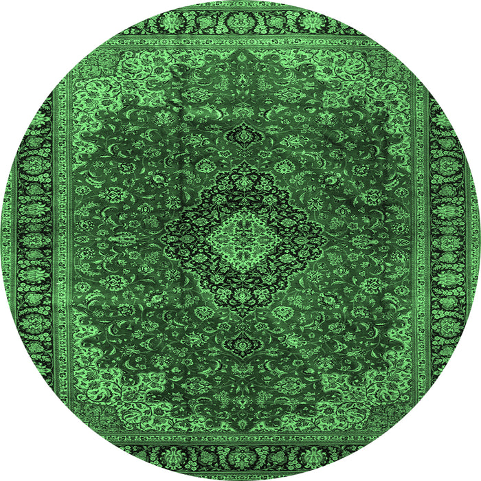 Round Machine Washable Medallion Emerald Green Traditional Area Rugs, wshtr2028emgrn