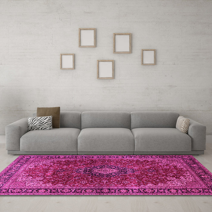Machine Washable Medallion Pink Traditional Rug in a Living Room, wshtr2028pnk