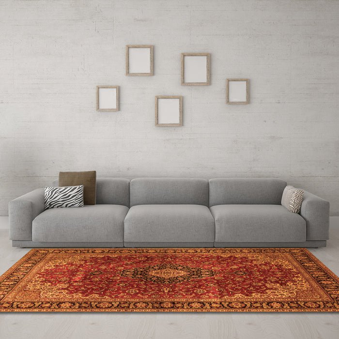 Machine Washable Medallion Orange Traditional Area Rugs in a Living Room, wshtr2028org