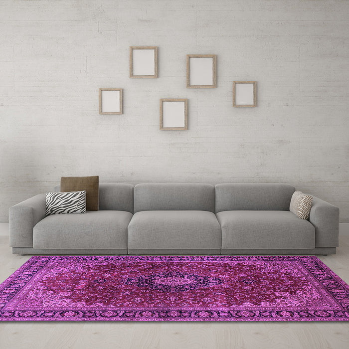 Machine Washable Medallion Purple Traditional Area Rugs in a Living Room, wshtr2028pur