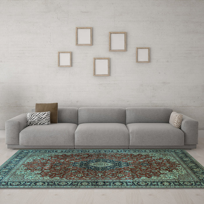 Machine Washable Medallion Light Blue Traditional Rug in a Living Room, wshtr2028lblu