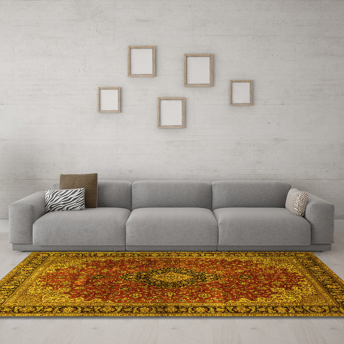 Machine Washable Medallion Yellow Traditional Rug in a Living Room, wshtr2028yw