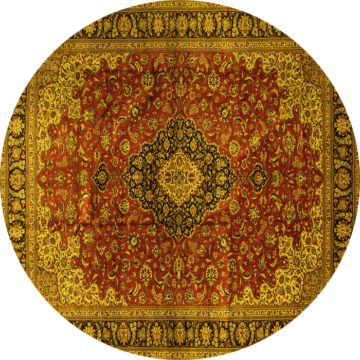 Round Machine Washable Medallion Yellow Traditional Rug, wshtr2028yw