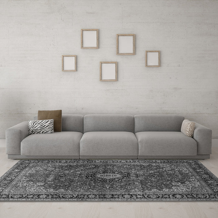 Machine Washable Medallion Gray Traditional Rug in a Living Room,, wshtr2028gry