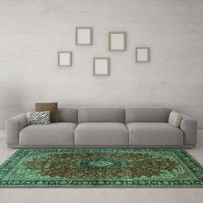 Machine Washable Medallion Turquoise Traditional Area Rugs in a Living Room,, wshtr2028turq