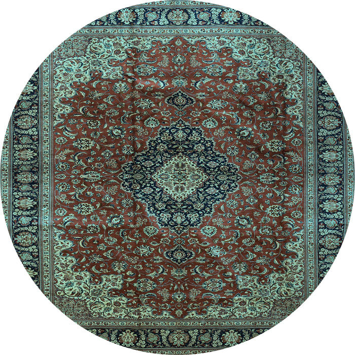 Round Machine Washable Medallion Light Blue Traditional Rug, wshtr2028lblu