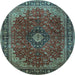 Round Machine Washable Medallion Light Blue Traditional Rug, wshtr2028lblu