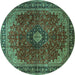 Round Machine Washable Medallion Turquoise Traditional Area Rugs, wshtr2028turq