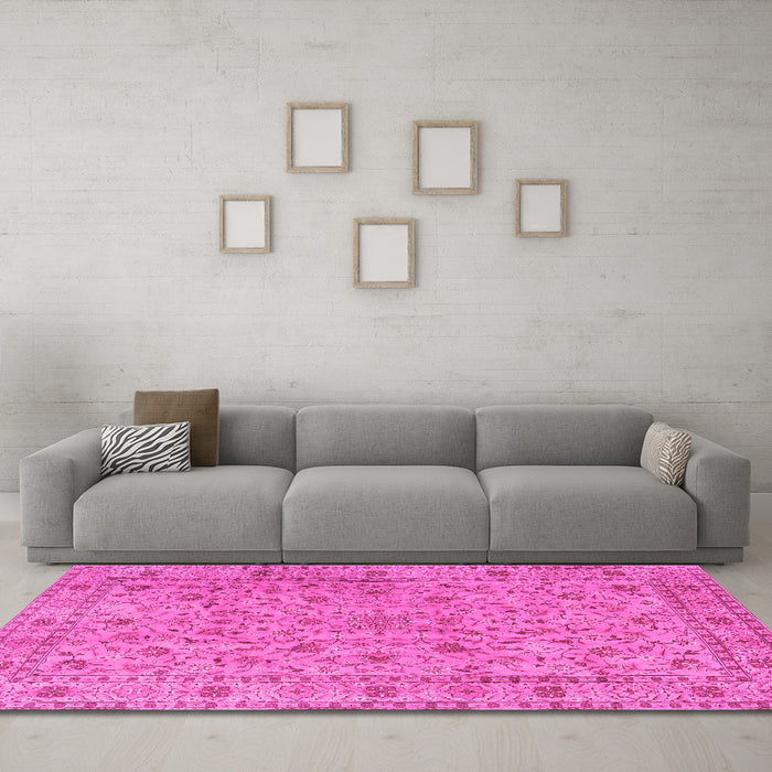 Machine Washable Persian Pink Traditional Rug in a Living Room, wshtr2029pnk