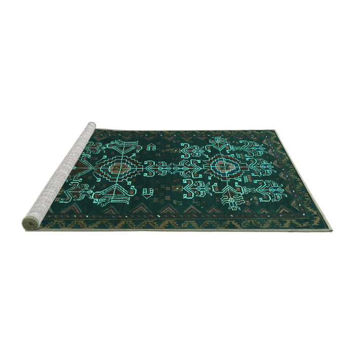 Sideview of Machine Washable Persian Turquoise Traditional Area Rugs, wshtr2032turq