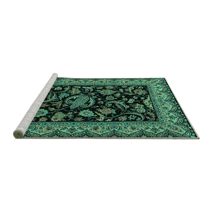 Sideview of Machine Washable Persian Turquoise Traditional Area Rugs, wshtr2036turq