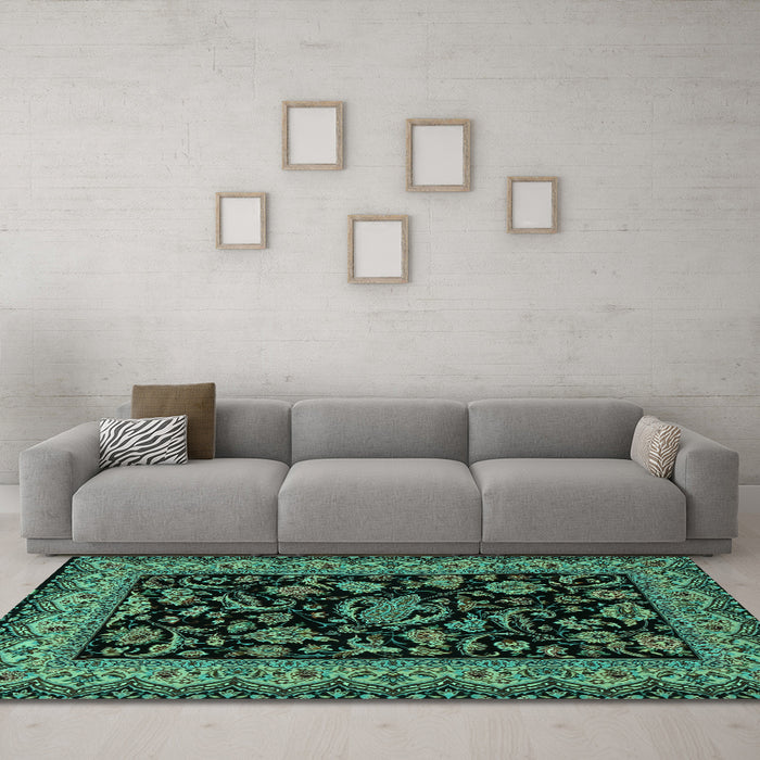 Machine Washable Persian Turquoise Traditional Area Rugs in a Living Room,, wshtr2036turq