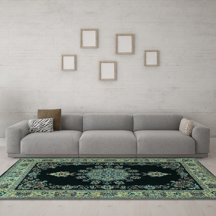 Machine Washable Medallion Light Blue Traditional Rug in a Living Room, wshtr2037lblu
