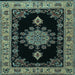 Square Machine Washable Medallion Light Blue Traditional Rug, wshtr2037lblu