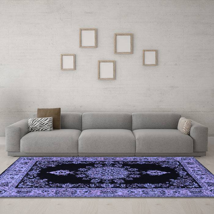 Machine Washable Medallion Blue Traditional Rug in a Living Room, wshtr2037blu