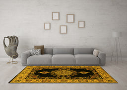 Machine Washable Medallion Yellow Traditional Rug in a Living Room, wshtr2037yw