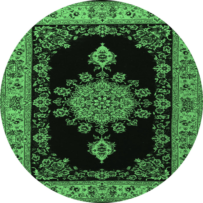 Round Machine Washable Medallion Emerald Green Traditional Area Rugs, wshtr2037emgrn