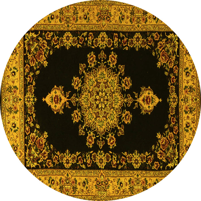 Round Machine Washable Medallion Yellow Traditional Rug, wshtr2037yw