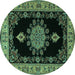 Round Machine Washable Medallion Turquoise Traditional Area Rugs, wshtr2037turq