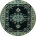 Round Machine Washable Medallion Light Blue Traditional Rug, wshtr2037lblu