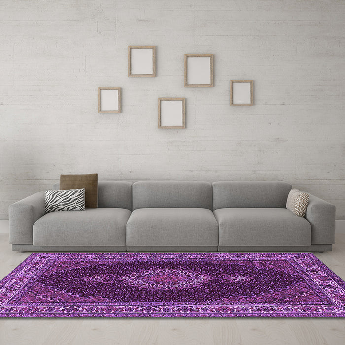 Machine Washable Medallion Purple Traditional Area Rugs in a Living Room, wshtr2038pur