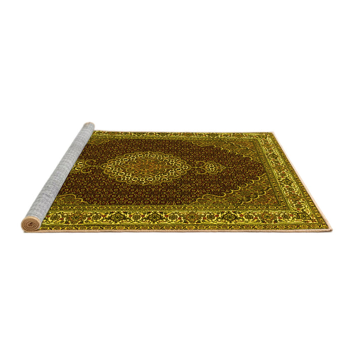 Sideview of Machine Washable Medallion Yellow Traditional Rug, wshtr2038yw
