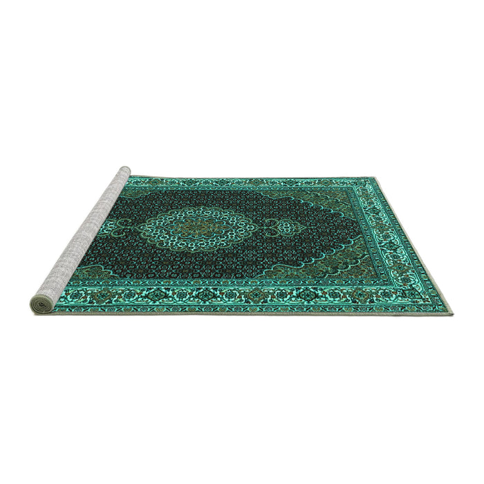 Sideview of Machine Washable Medallion Turquoise Traditional Area Rugs, wshtr2038turq
