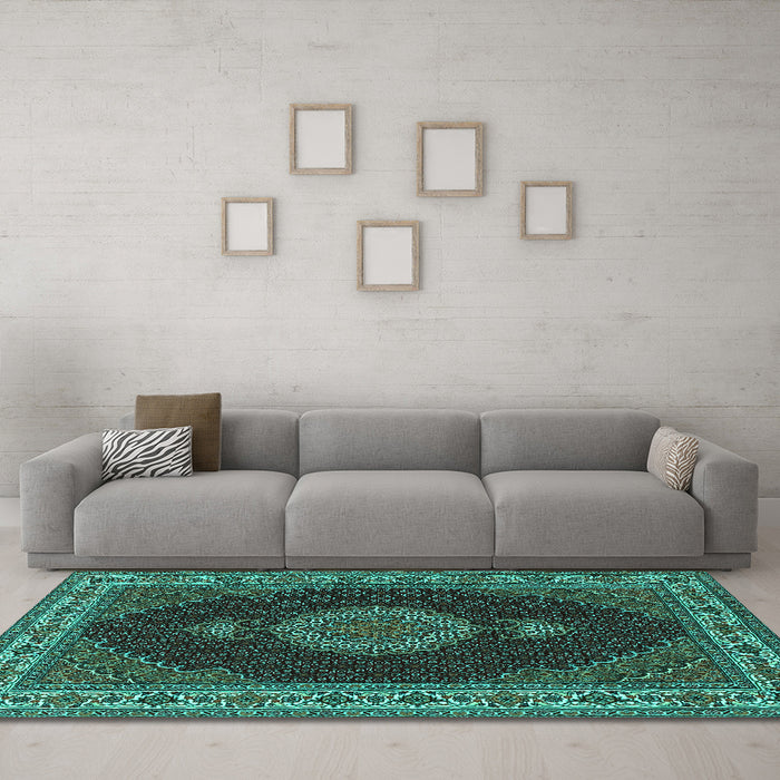 Machine Washable Medallion Turquoise Traditional Area Rugs in a Living Room,, wshtr2038turq