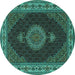 Round Machine Washable Medallion Turquoise Traditional Area Rugs, wshtr2038turq