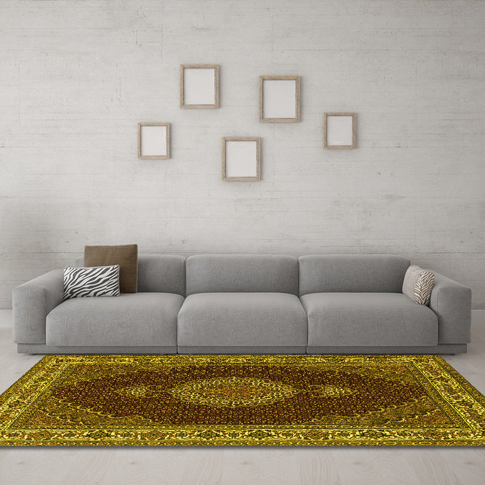 Machine Washable Medallion Yellow Traditional Rug in a Living Room, wshtr2038yw