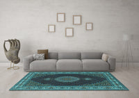 Machine Washable Medallion Light Blue Traditional Rug, wshtr2038lblu