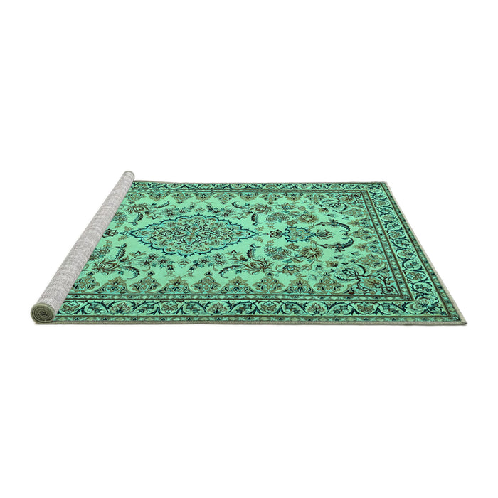 Sideview of Machine Washable Medallion Turquoise Traditional Area Rugs, wshtr2039turq