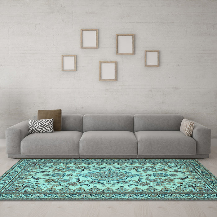 Machine Washable Medallion Light Blue Traditional Rug in a Living Room, wshtr2039lblu