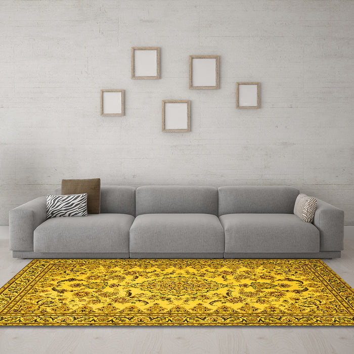 Machine Washable Medallion Yellow Traditional Rug in a Living Room, wshtr2039yw