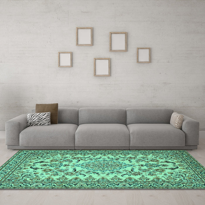 Machine Washable Medallion Turquoise Traditional Area Rugs in a Living Room,, wshtr2039turq