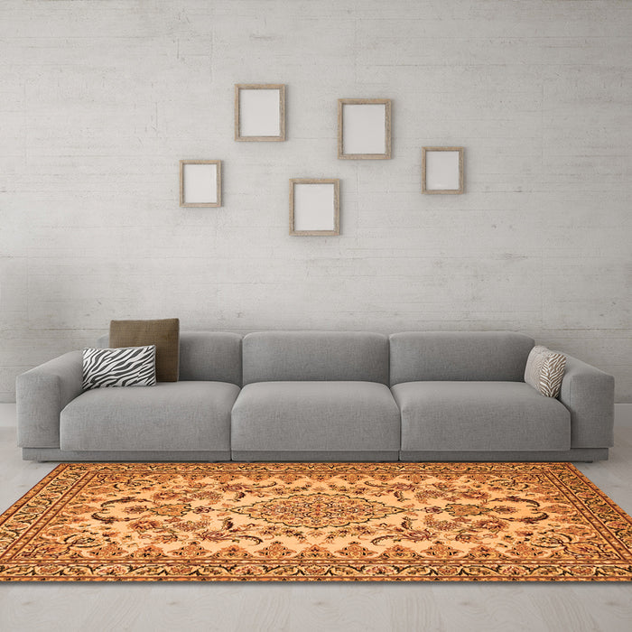 Machine Washable Medallion Orange Traditional Area Rugs in a Living Room, wshtr2039org