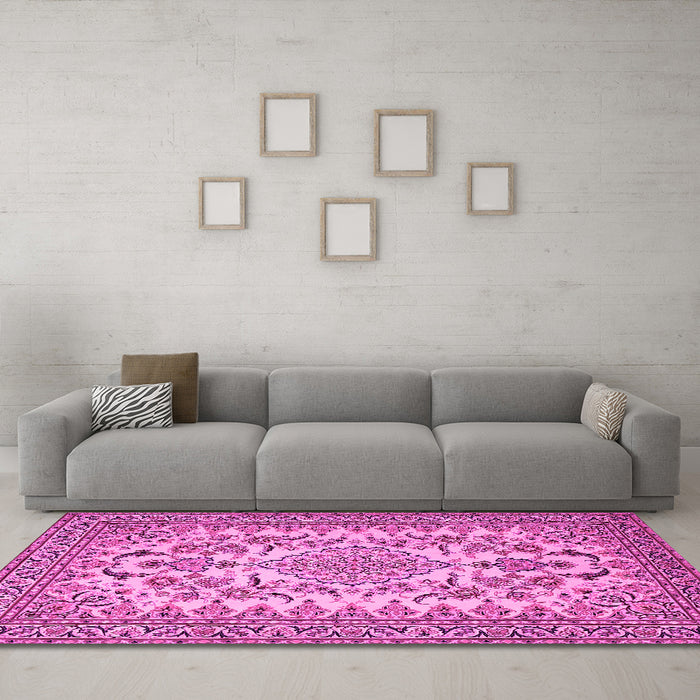 Machine Washable Medallion Pink Traditional Rug in a Living Room, wshtr2039pnk